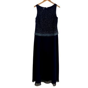 J Kara Sz 12 Navy Blue  Iridescent Beaded Evening Maxi Dress Gown Mother Bride